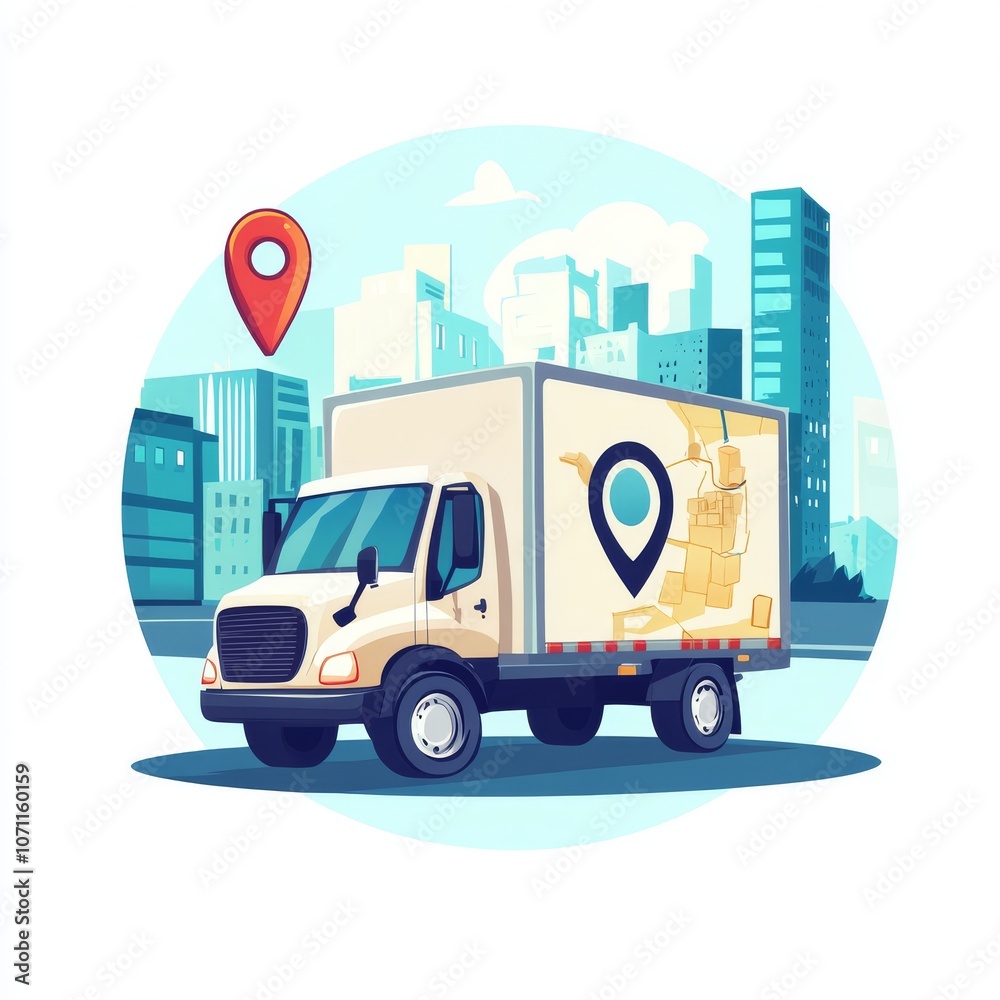 Illustrated Cartoon of a Delivery Truck in a Cityscape