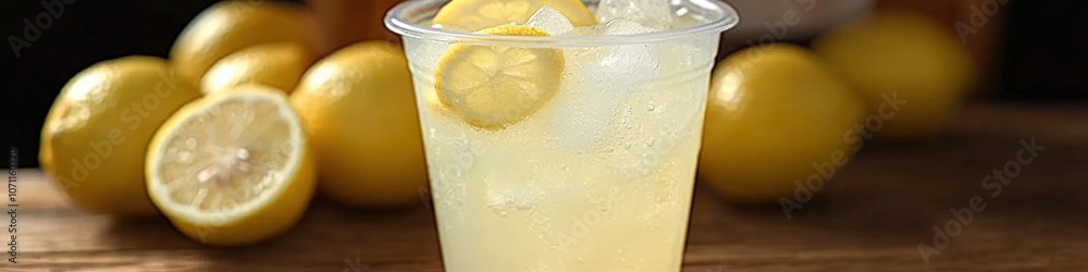 Refreshing Lemonade in a Clear Cup with Fresh Lemon Slices on Wooden Table Surrounded by Whole Lemons, Capturing the Essence of Summer's Favorite Citrus Drink