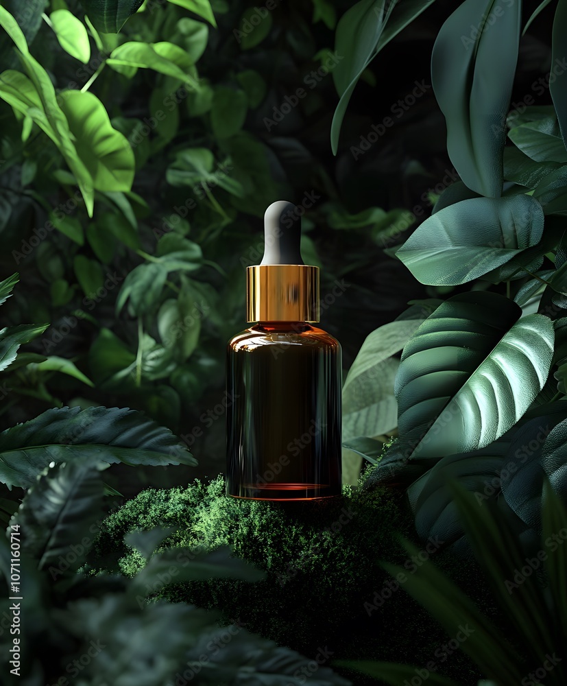 Glass Dropper Bottle Rests on Moss Among Lush Green Foliage. Mockup cosmetic skincare, product presentation. Glass Dropper Bottle Rests on Moss Among Lush Green Foliage. Mockup cosmetic skincare, product presentation.