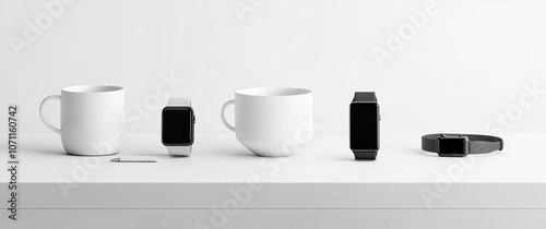 A minimalist composition featuring coffee mugs, smartwatches, and mobile phones on a white background, generative ai