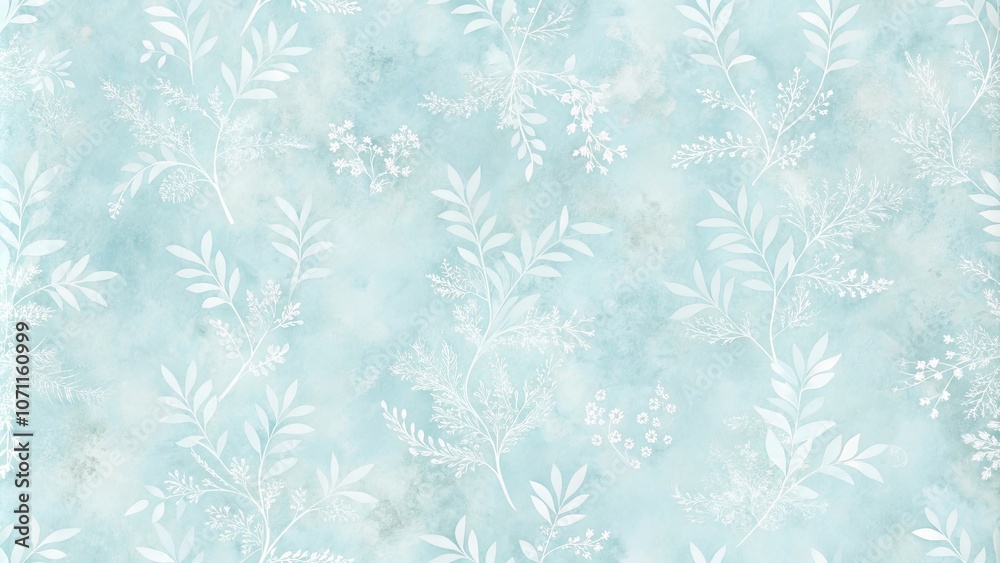 custom made wallpaper toronto digitalA delicate pattern of white botanical silhouettes on a blue watercolor background, with intricate branches, leaves, and blooms, creating a serene and ethereal ambiance.
