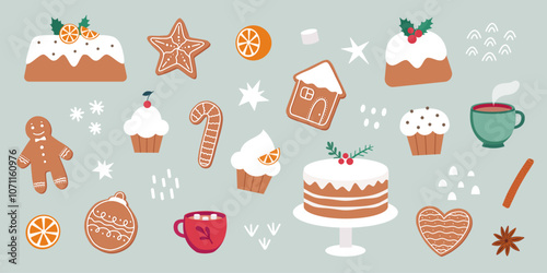A cute set of Christmas treats, gingerbread man, gingerbread cookies, cupcakes, cake, Christmas pudding, a cup of cocoa with marshmallows. Flat style. 