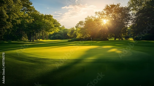 A Golf Green at Sunset with Sun Rays Through the Trees. Background view. copy space. 