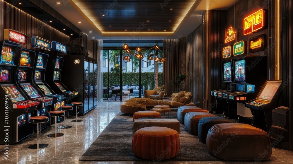A stylish luxury game room with a modern arcade setup, comfortable lounge area, and high-end gaming consoles, creating a perfect blend of fun and elegance. A stylish luxury game room with a modern arcade setup, comfortable lounge area, and high-end gaming consoles, creating a perfect blend of fun and elegance.