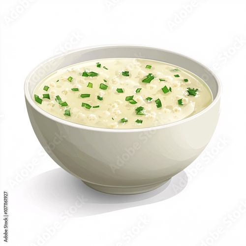 Creamy soup with chives in a white bowl, showcasing a comforting dish perfect for any meal.