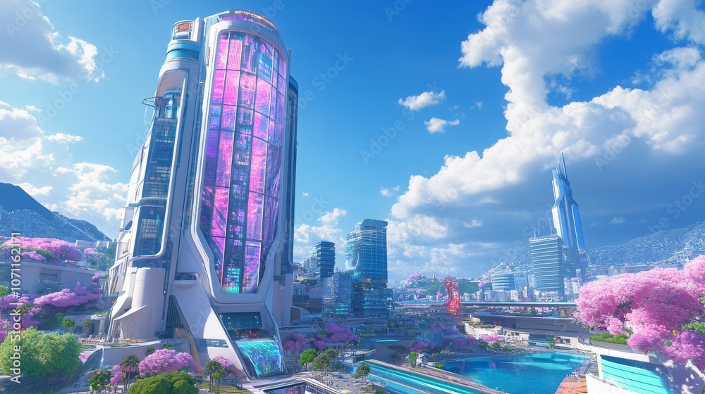 Obraz premium Futuristic Skyscraper with Holographic Windows