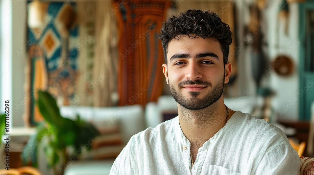 Fototapeta premium Portrait of a Young Man in a Cozy, Artistic Environment with Natural Light