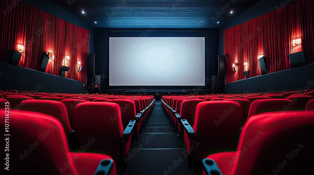 An empty cinema hall featuring vibrant red seats, showcasing a large blank screen ready for the next big show. The atmosphere is serene and inviting. An empty cinema hall featuring vibrant red seats, showcasing a large blank screen ready for the next big show. The atmosphere is serene and inviting.