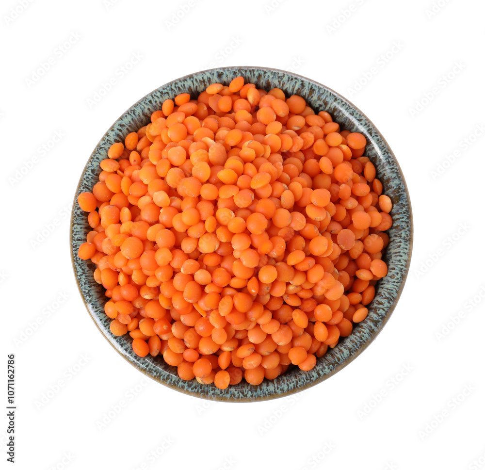 Raw lentils in bowl isolated on white, top view Raw lentils in bowl isolated on white, top view