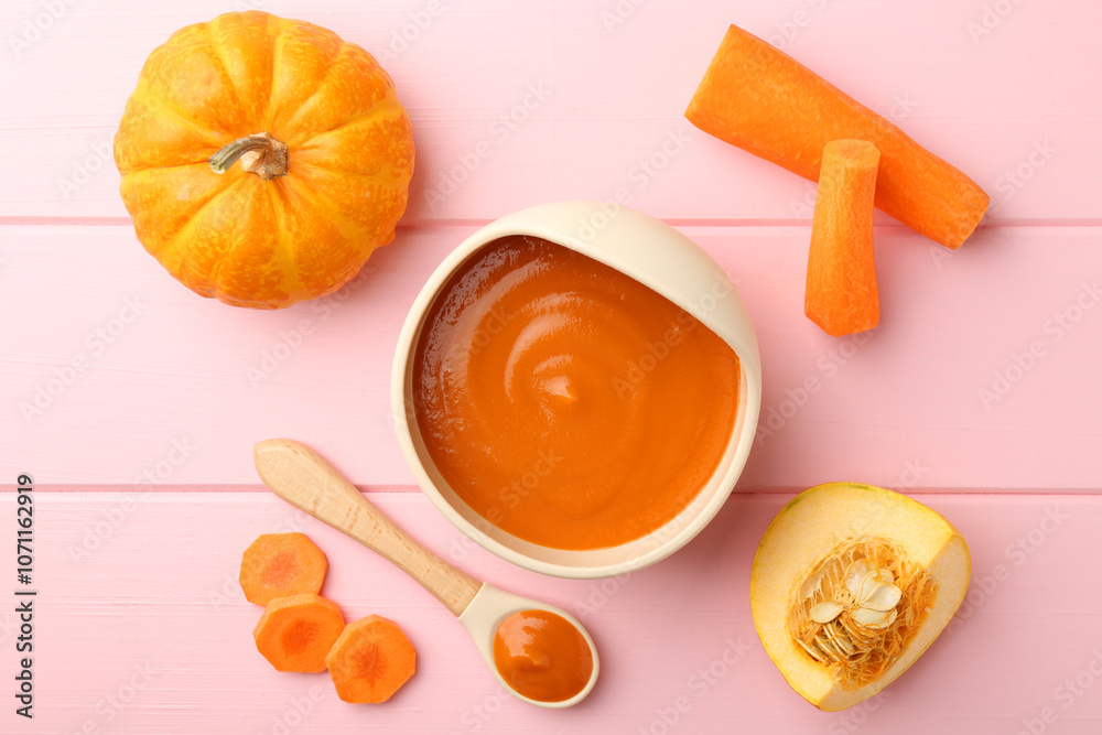 Delicious baby food in bowl and fresh ingredients on pink wooden table, flat lay Delicious baby food in bowl and fresh ingredients on pink wooden table, flat lay