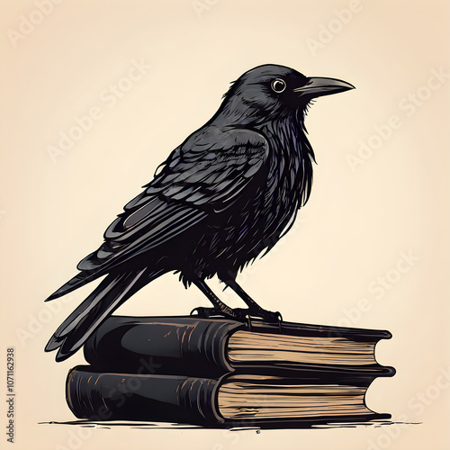 raven on a stack of books