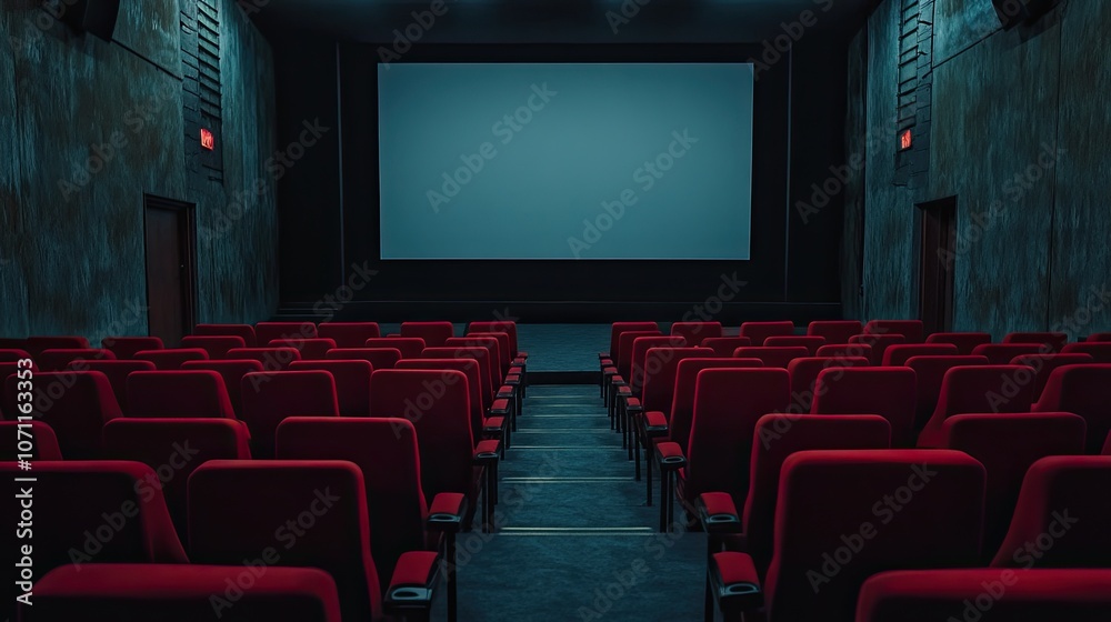 Interior shot of a vacant cinema hall, with rows of red seats and a prominent blank screen. Capturing the essence of cinematic space and potential. Interior shot of a vacant cinema hall, with rows of red seats and a prominent blank screen. Capturing the essence of cinematic space and potential.