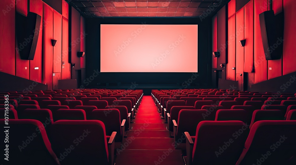 Obraz premium Interior shot of a vacant cinema hall, with rows of red seats and a prominent blank screen. Capturing the essence of cinematic space and potential.