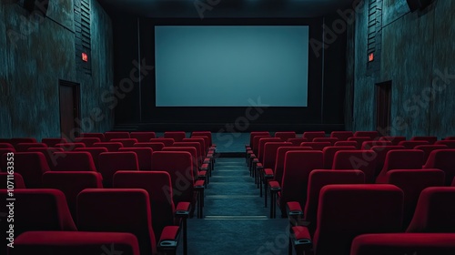 Interior shot of a vacant cinema hall, with rows of red seats and a prominent blank screen. Capturing the essence of cinematic space and potential.