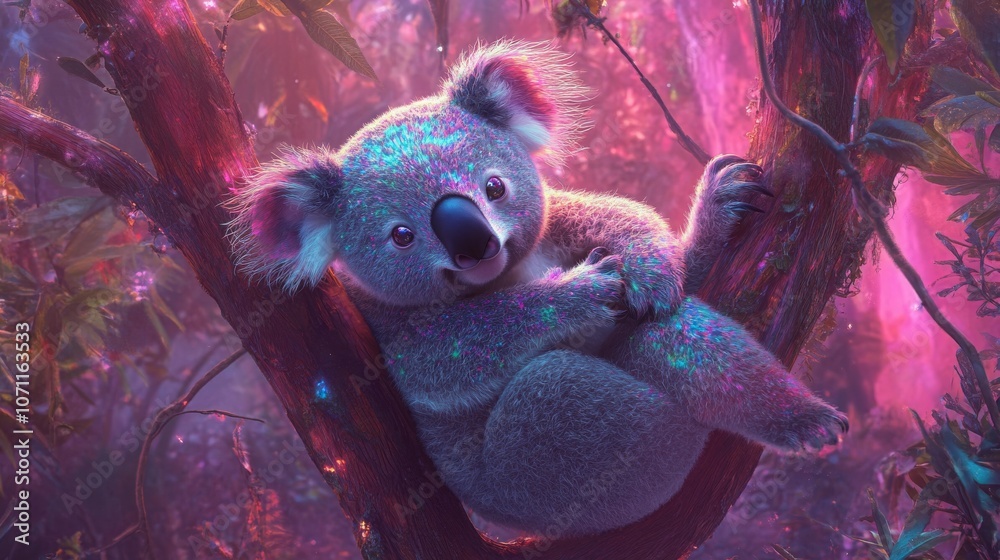 Whimsical Koala with Holographic Fur in a Dreamy Setting Whimsical Koala with Holographic Fur in a Dreamy Setting