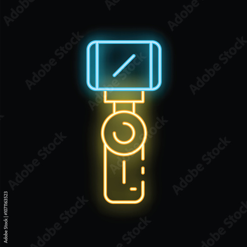 Bright neon sign depicting a gimbal stabilizer, commonly used for capturing smooth and steady video footage with smartphones