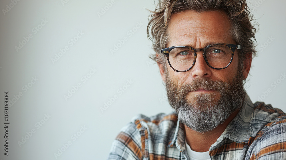 man with glasses and beard, wearing plaid shirt, smiles warmly man with glasses and beard, wearing plaid shirt, smiles warmly