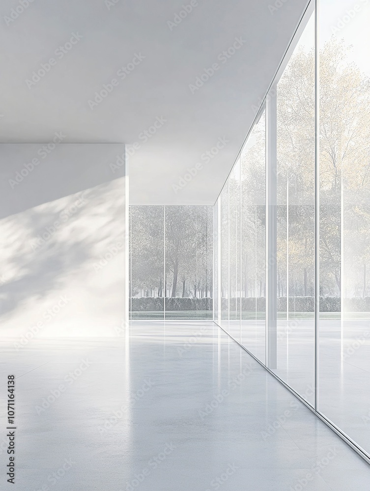 Obraz premium A minimalist white interior with sleek glass walls, perfect for creating an open and airy feel in the living room of your villa or apartment. generative ai