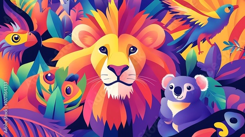 A colorful set of vector animals, including a friendly lion, cute koala, and lively bird, with a flat design and minimal details in a playful composition. 