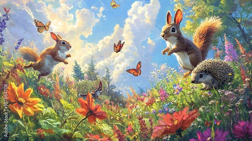 Fototapeta Naklejka Na Ścianę i Meble -  A lively scene with playful animals like a jumping squirrel, a leaping rabbit, and a rolling hedgehog, all having fun in a bright, colorful meadow with flowers and butterflies. 