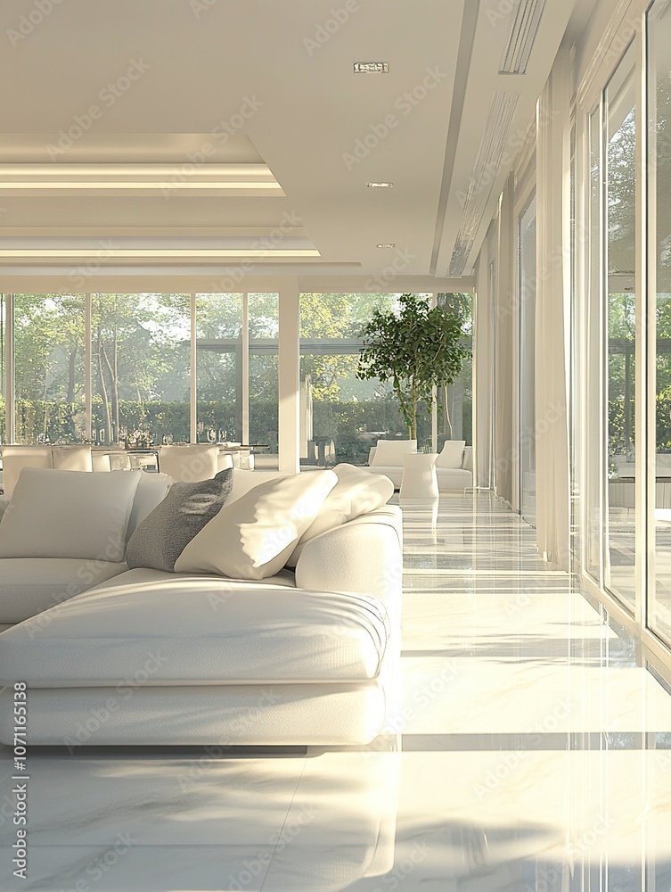 Fototapeta premium A minimalist white interior with sleek glass walls, perfect for creating an open and airy feel in the living room of your villa or apartment. generative ai
