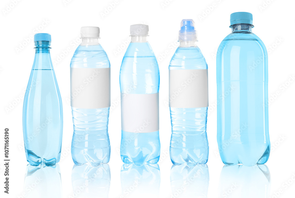 Different plastic bottles with water on white background Different plastic bottles with water on white background