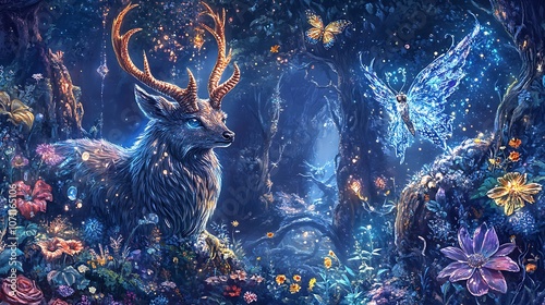 An enchanted forest scene with fantasy creatures like a horned deer, a shimmering butterfly, and a mystical owl, all depicted with vivid colors and sparkling details.  photo