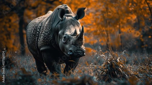 A majestic rhino ambles through a vibrant autumn forest. photo