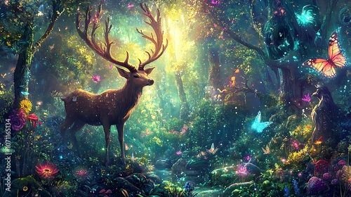 An enchanted forest scene with fantasy creatures like a horned deer, a shimmering butterfly, and a mystical owl, all depicted with vivid colors and sparkling details.  photo