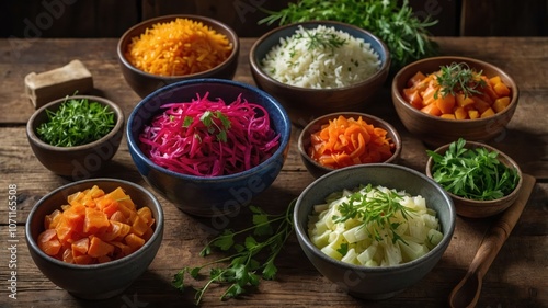 A variety of colorful chopped vegetables arranged in bowls, ready for meal preparation.