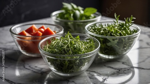 A collection of fresh herbs and diced tomatoes in glass bowls on a marble surface.