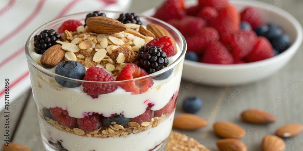 Greek Yogurt Parfait A closeup of a parfait glass layered with thick Greek yogurt sliced almonds and a mix of berries showing the creamy texture and healthy crunch of nuts. Greek Yogurt Parfait A closeup of a parfait glass layered with thick Greek yogurt sliced almonds and a mix of berries showing the creamy texture and healthy crunch of nuts.