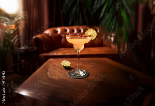 A margarita cocktail sits on a wooden table with a lime wedge garnish and a blurred background of a leather sofa and a plant. photo