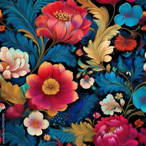 Seamless Oriental Floral Pattern: A Vibrant Textile Print for Bold and Colorful Spaces