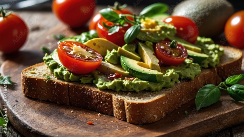 A vibrant avocado toast topped with tomatoes and herbs on a wooden board. A vibrant avocado toast topped with tomatoes and herbs on a wooden board.