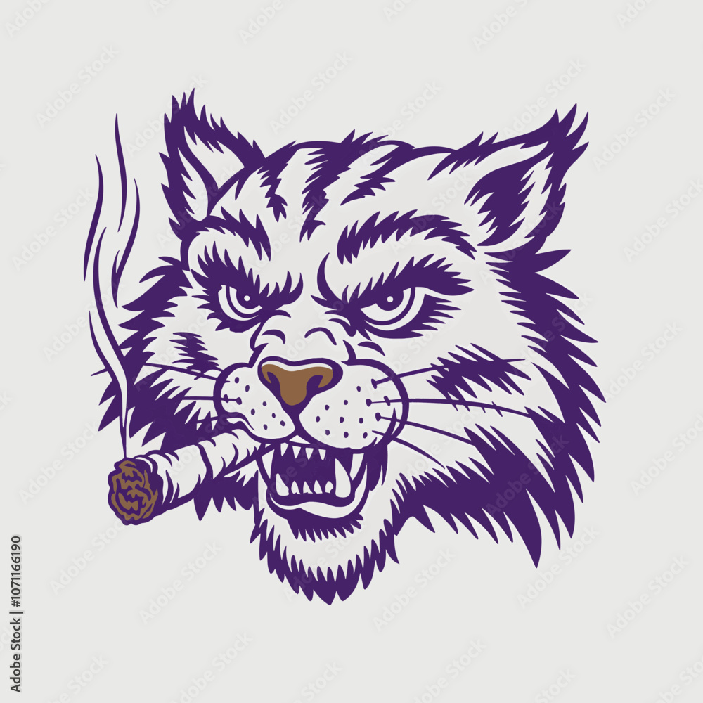 Fototapeta premium A classic college logo with a purple and white color scheme. The logo features a wildcat smoking a cigar
