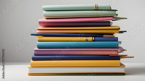 "Set of school notebooks in different colors, stacked on a white background."