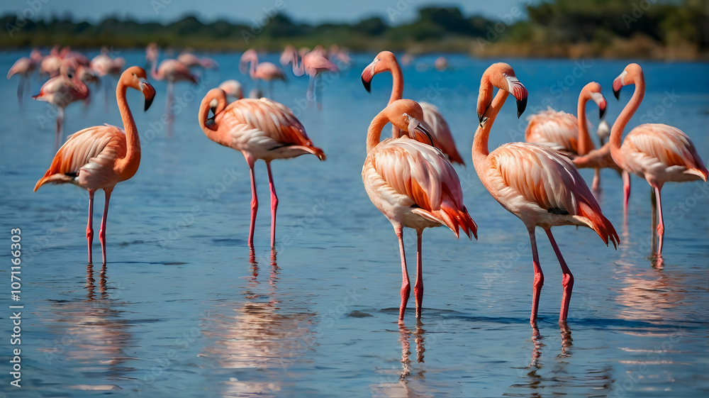 Wild african birds. Group birds of pink african flamingos walking around the blue lagoon on a sunny day Wild african birds. Group birds of pink african flamingos walking around the blue lagoon on a sunny day