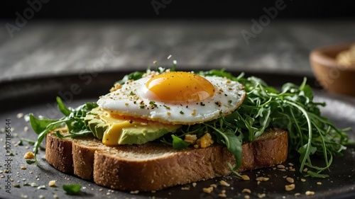 A delicious open-faced sandwich with egg, avocado, and arugula on toasted bread.