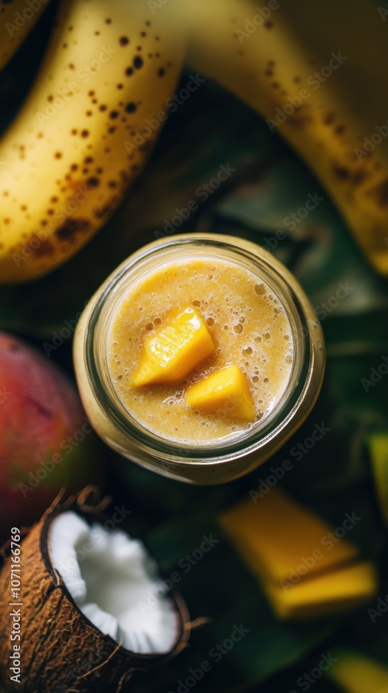 Tropical mango smoothie surrounded by fresh ingredients: banana, coconut, and mango chunks Tropical mango smoothie surrounded by fresh ingredients: banana, coconut, and mango chunks
