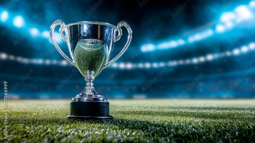 Silver Trophy Cup on Green Grass Field with Stadium Lights. Competition, business, winner, success concept. Copy space concept. Silver Trophy Cup on Green Grass Field with Stadium Lights. Competition, business, winner, success concept. Copy space concept.
