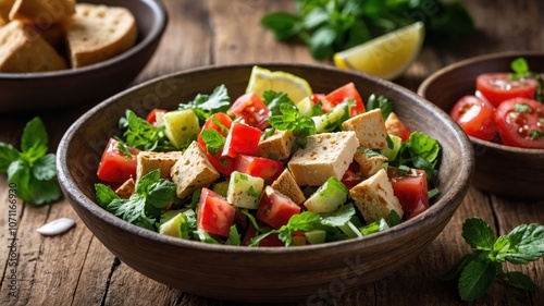 A fresh salad with tomatoes, cucumbers, herbs, and feta cheese in a rustic wooden bowl.