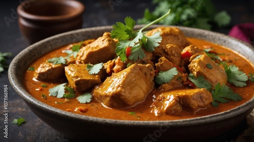 A bowl of flavorful chicken curry garnished with fresh cilantro.