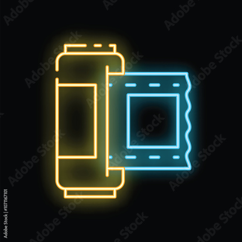 Bright neon icon of 35 mm analog camera film roll glowing on dark background