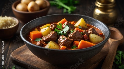 A hearty beef stew with vegetables, garnished with cilantro, served in a rustic bowl.