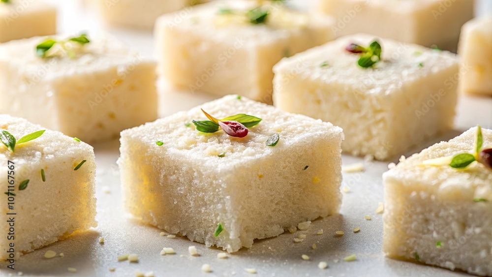 Delicate White Cubes Adorned with Sprigs of Green and Tiny Red Berries, Arranged on a Plain Surface Delicate White Cubes Adorned with Sprigs of Green and Tiny Red Berries, Arranged on a Plain Surface