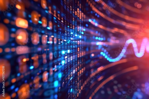 Background of digital binary code, program code, blurred abstract technological background of a software developer and computer script, business analytics, modern technologies.