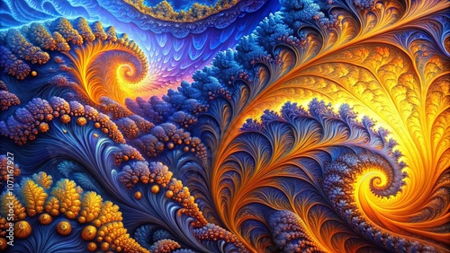 A symphony of blue and gold fractal patterns, intertwined in a mesmerizing dance of complexity and beauty.