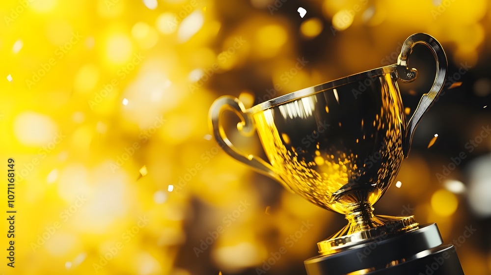Golden Trophy with Confetti and Bokeh Background with copy space concept. Competition, business, winner, success concept. Golden Trophy with Confetti and Bokeh Background with copy space concept. Competition, business, winner, success concept.