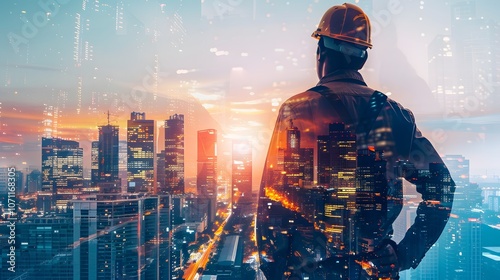 Professional workman with a double exposure of skyscrapers, symbolizing construction expertise and modern industry